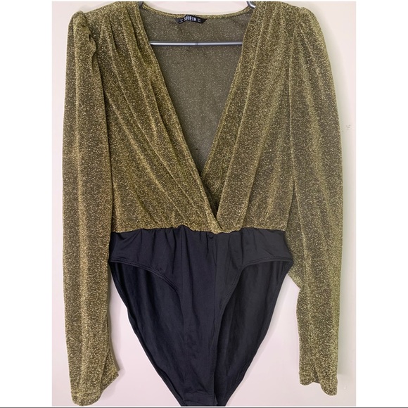 SHEIN Surplice Neck Glitter Spliced Bodysuit - Picture 2 of 5